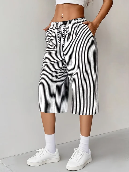 Spring And Summer Casual Striped Straight Lace-Up Pants
