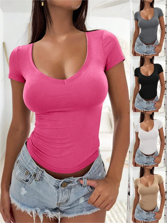 Women's Short Sleeve T-shirt Summer Black Plain Crew Neck Daily Going Out Casual Top