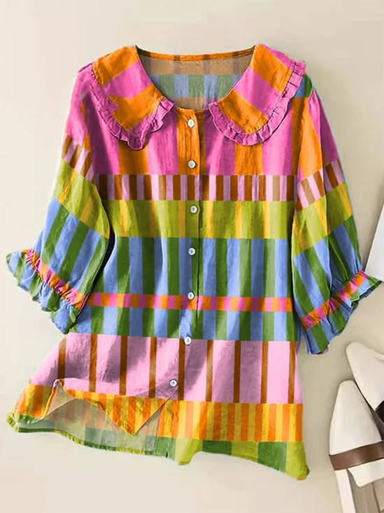 Women's Geometric Pattern Art Print Casual Peter Pan Collar Cotton Shirt