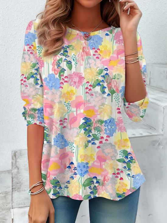 Women's Floral Print Casual Crew Neck Tunic T-Shirt