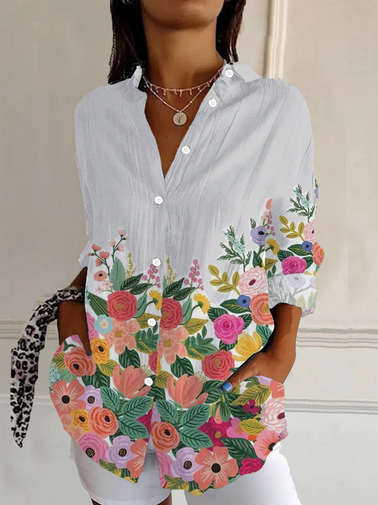 Women's Long Sleeve Shirt Spring/Fall White Floral Buckle Shirt Collar Daily Going Out Casual Top