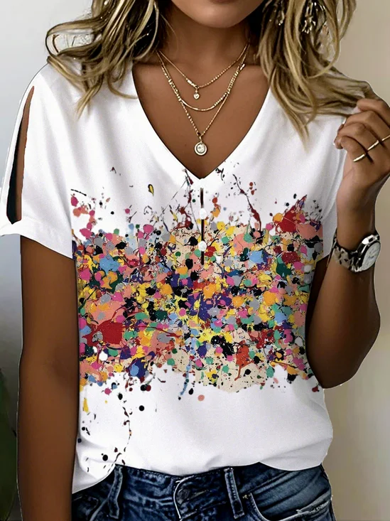 V Neck Gradient Pattern Loose Casual T-Shirt