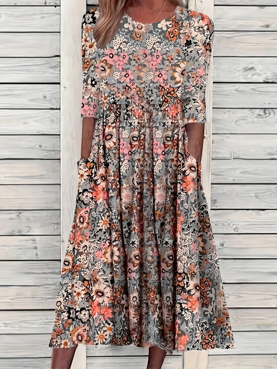 Women's Short Sleeve Summer As Picture Floral Printing Crew Neck Daily Going Out Casual Maxi H-Line Shift Dress Dress