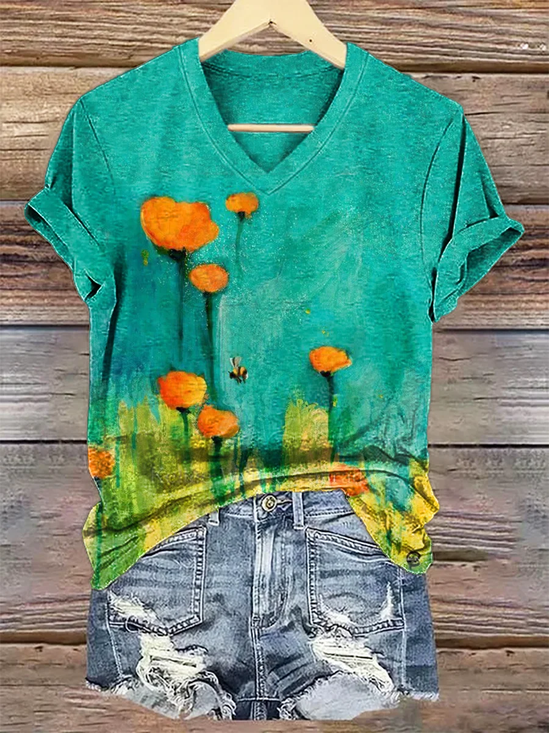 Women's Floral Print V-Neck Short Sleeve T-Shirt