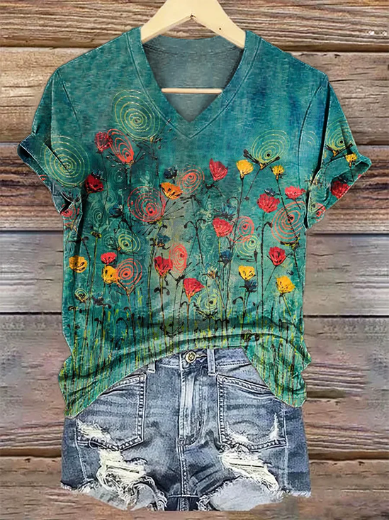 Women's Floral Print V-Neck Short Sleeve T-Shirt