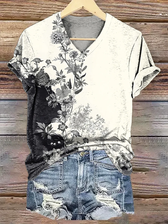 Women's Floral Print V-Neck Short Sleeve T-Shirt