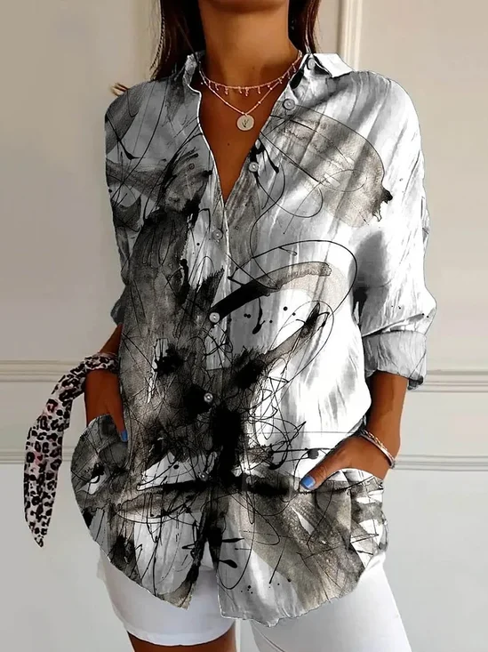 Women's Long Sleeve Shirt Spring/Fall Black Abstract Buckle Shirt Collar Daily Going Out Casual Top