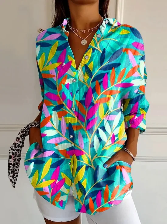 Women's Long Sleeve Shirt Spring/Fall As Picture Floral Buckle Shirt Collar Daily Going Out Casual Top