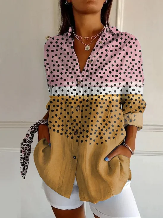 Women's Long Sleeve Shirt Spring/Fall As Picture Polka Dots Buckle Shirt Collar Daily Going Out Casual Top