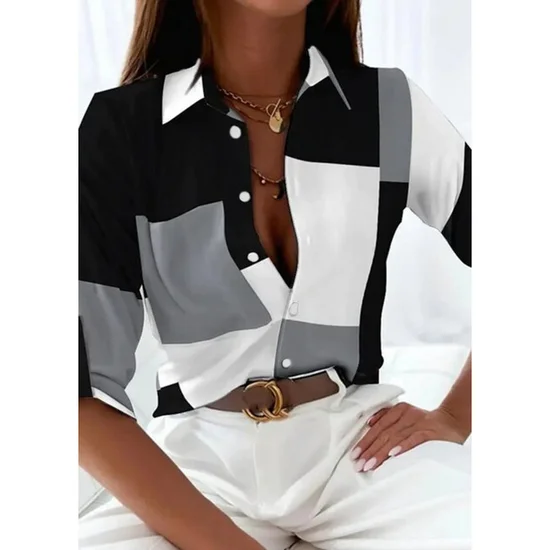 Color Block Others Loose Casual Shirt