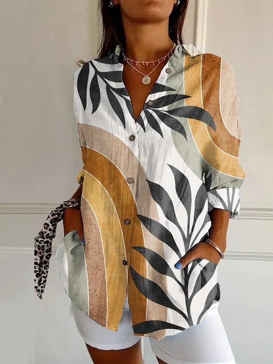 Women's Long Sleeve Shirt Spring/Fall As Picture Leaf Buckle Shirt Collar Daily Going Out Casual Top