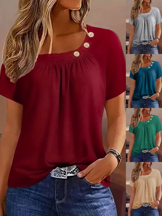 Women's Short Sleeve T-shirt Summer Red Plain Buckle Crew Neck Daily Going Out Casual Top