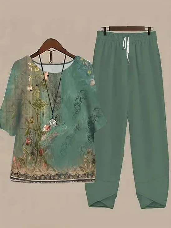 Women's Printing Floral Daily Going Out Two-Piece Set Green Casual Summer Top With Pants Matching Set
