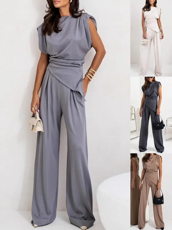 Women's Irregular Craftsmanship Plain Daily Going Out Two-Piece Set Khaki Casual Summer Top With Pants Matching Set