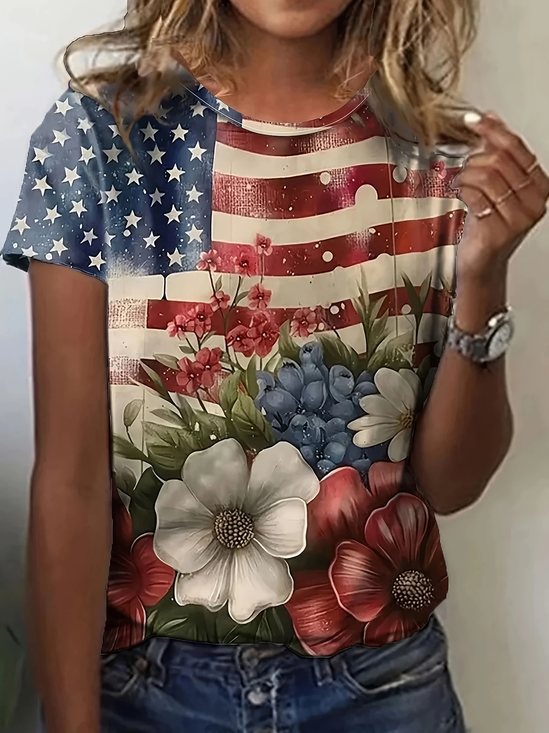 Women's Independence Day Floral Print Casual V-Neck Short Sleeve T-Shirt