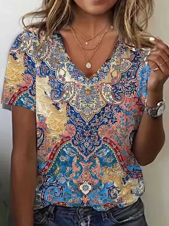 Women's Floral Print Casual V-Neck Short Sleeve T-Shirt