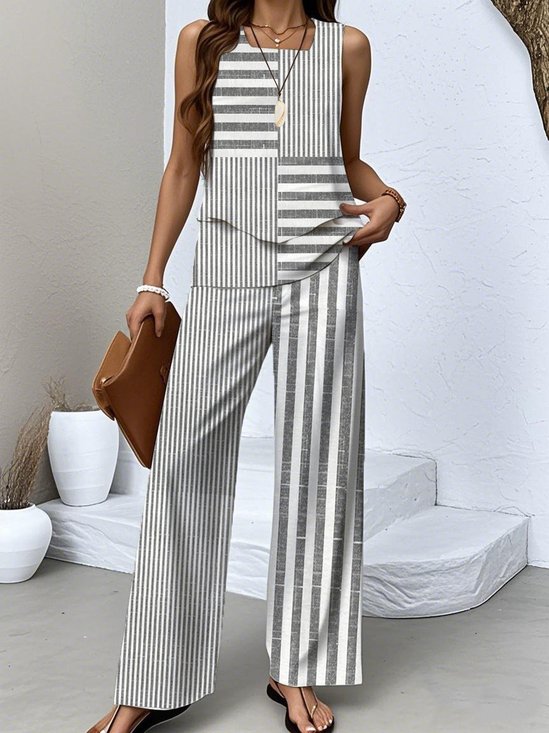 Casual Regular Fit Crew Neck Striped Two-Piece Set With No