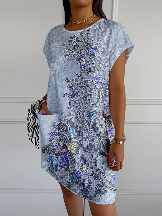 Casual 3D Printing Crew Neck Loose Dress With No