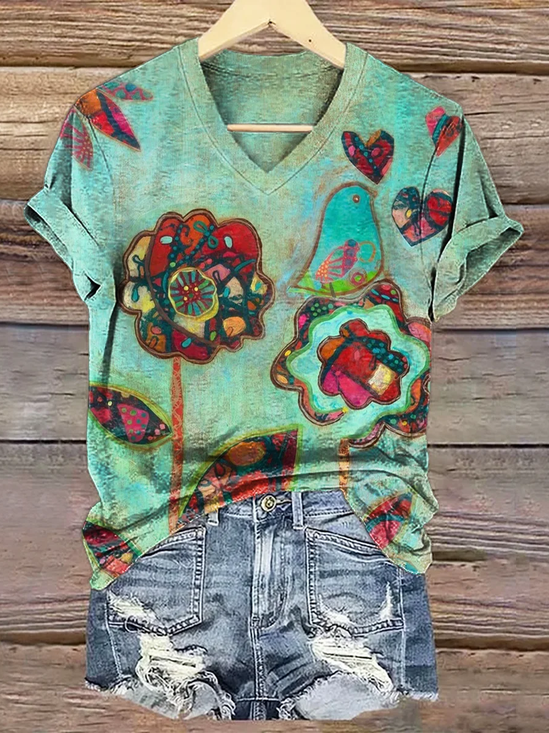 Women's Floral Print Casual V-Neck Short Sleeve T-Shirt