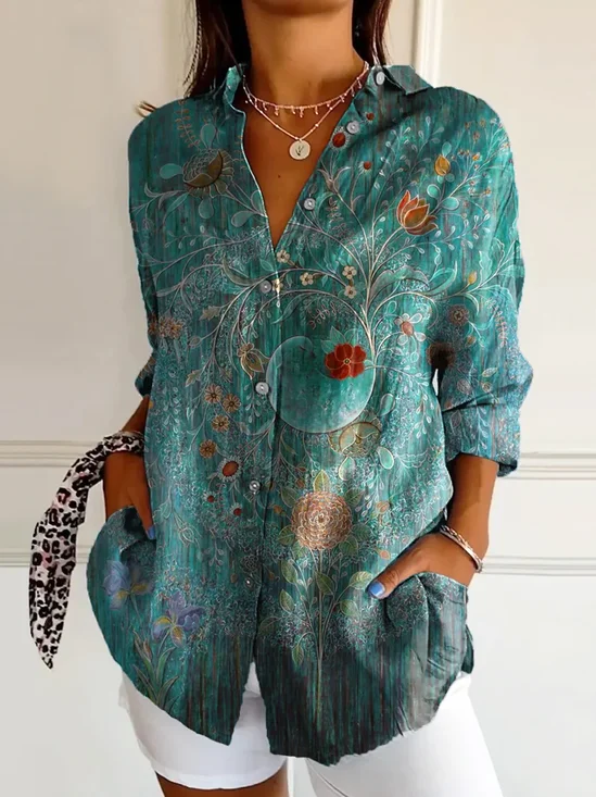 Women's Long Sleeve Shirt Spring/Fall Green Floral Buckle Shirt Collar Daily Going Out Casual Top
