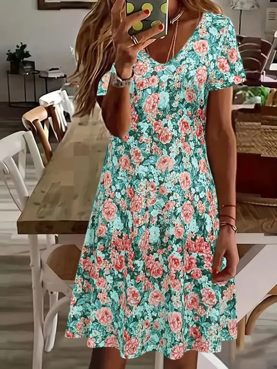 Women's Floral Print Casual V-Neck Short Sleeve Dress