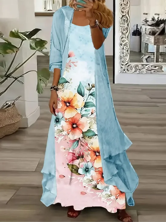 Women's Floral Print Casual Two-Piece Dress