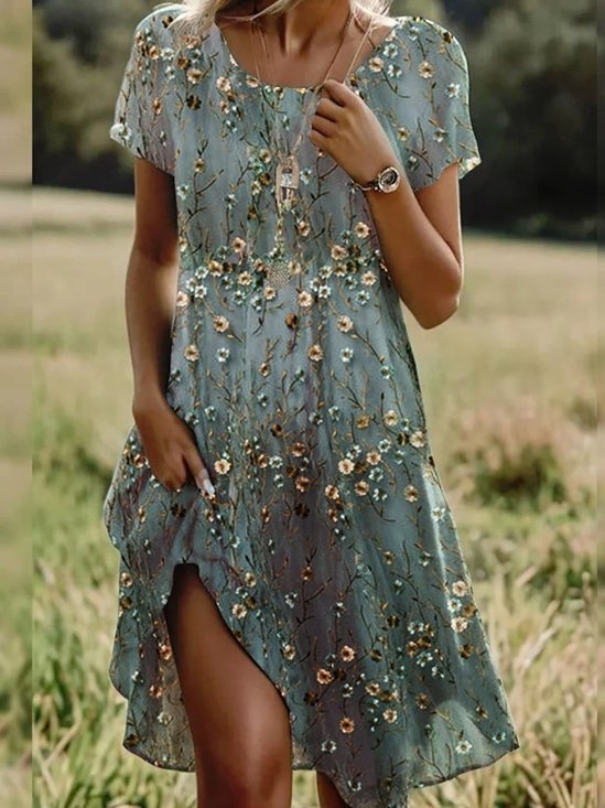 Vintage Crew Neck Floral Dress With No