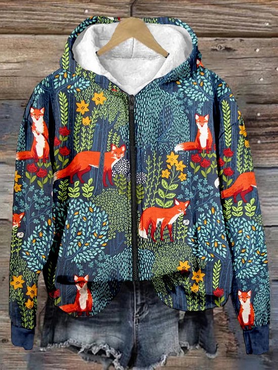 Fox in the Forest Graphic Zip Up Comf Loose Hoodie Simple Hoodie
