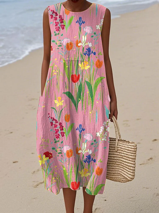 Women's Sleeveless Summer Pink Floral Printing Crew Neck Daily Going Out Casual Maxi H-Line Tank Dress