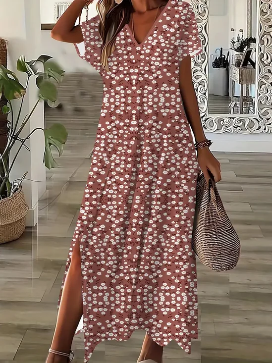 Women's Floral Print V-Neck Short Sleeve Slit Dress