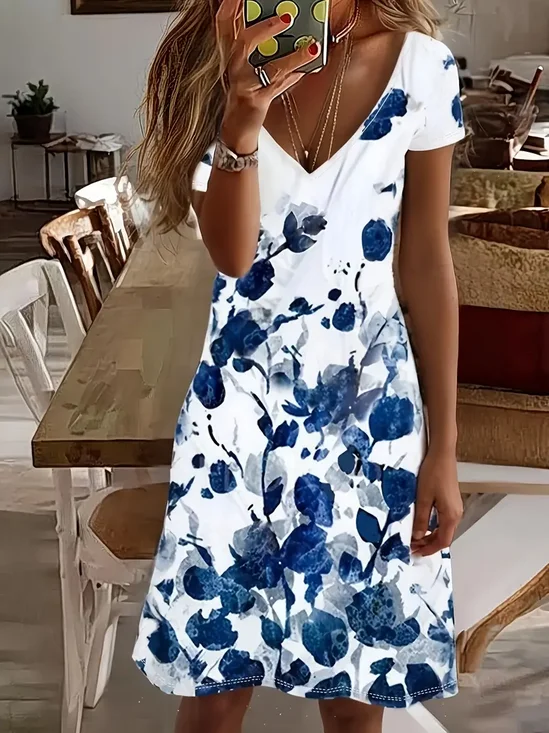 Women's Floral Print V-Neck Short Sleeve Dress