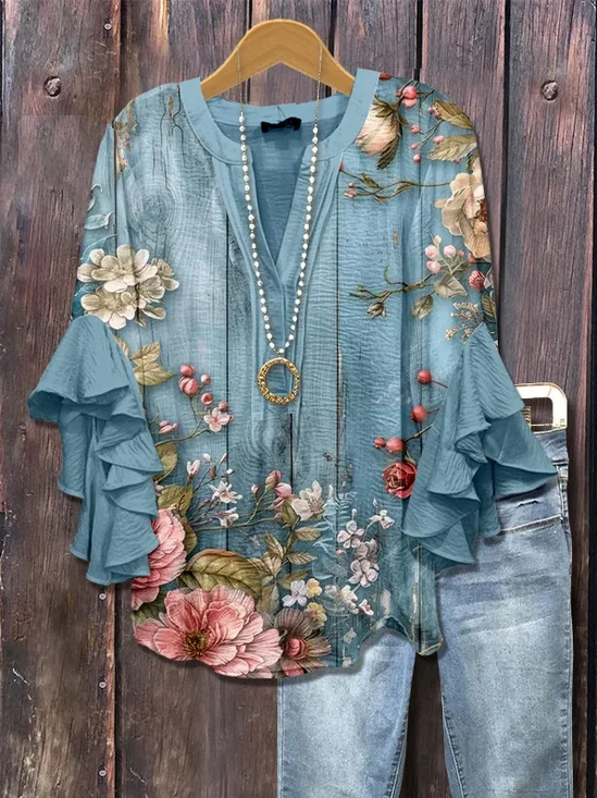Women's Floral Ruffle Sleeve Top