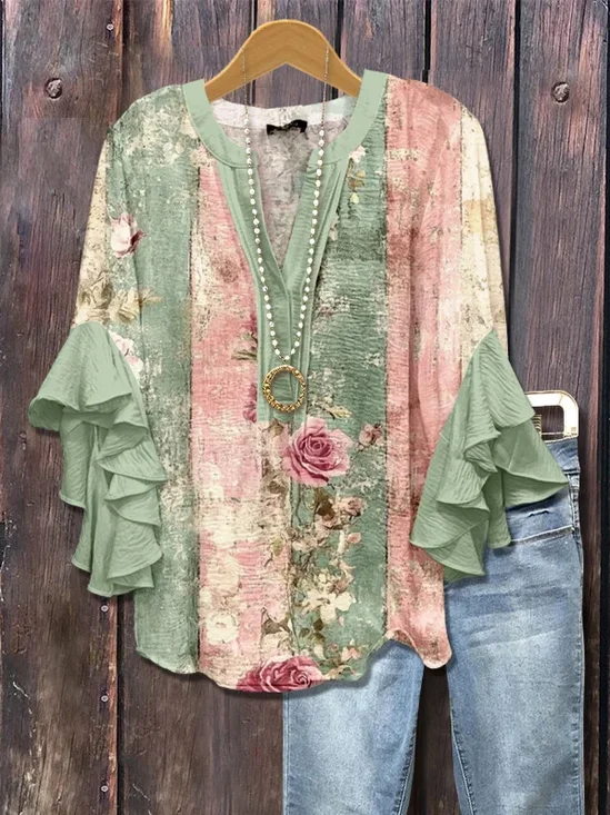 Women's Floral Leopard Print Ruffle Sleeve Top