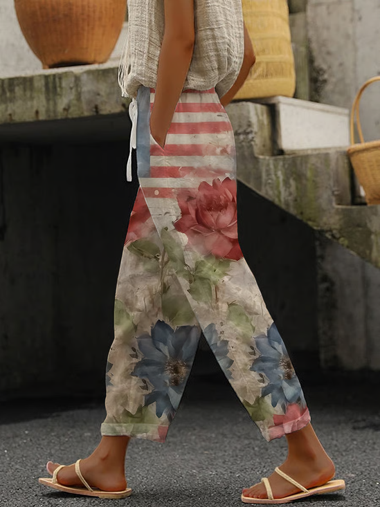 Women's Independence Day Floral Print Casual Pants