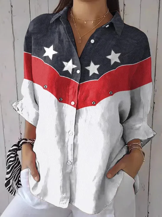 Women's Independence Day Floral Casual Lapel Shirt