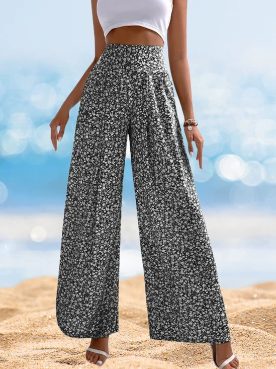 Women's  Elastic Waist H-Line Wide Leg Pants Daily Going Out Pants Blue Casual Floral Ebroidered Floral Spring/Fall Pants