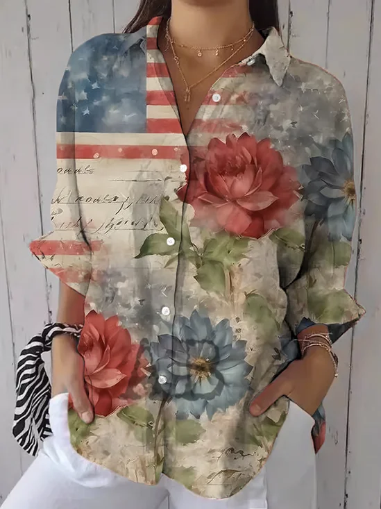 Women's Independence Day Floral Print Casual Shirt
