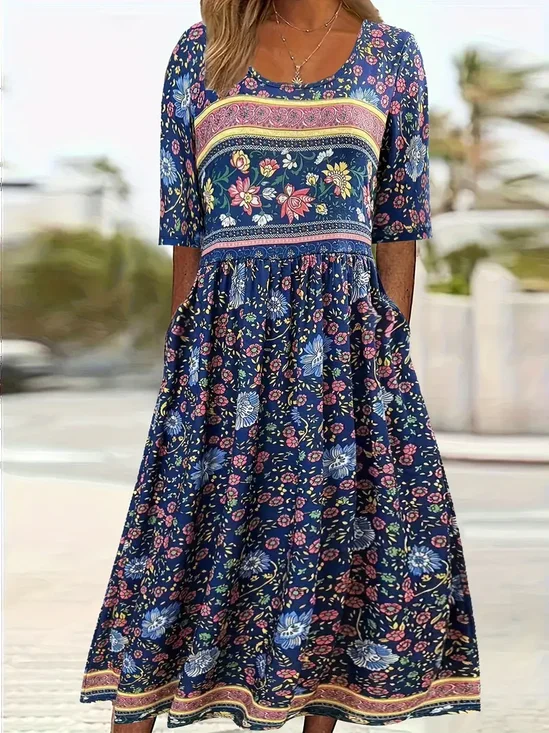 Women's Floral Print Casual Crew Neck Dress