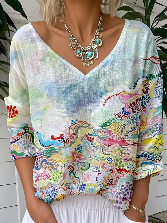 Casual Gradient Pattern V Neck Loose T-Shirt