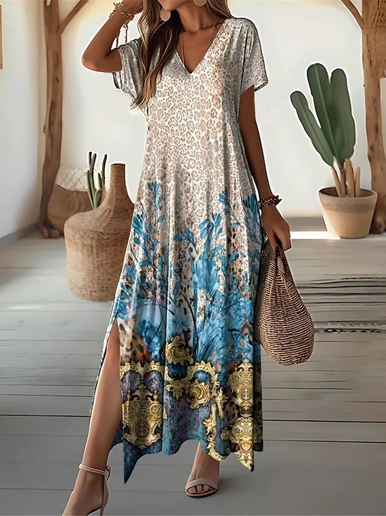 Women's Leopard Floral Print Casual V-Neck Short Sleeve Slit Dress