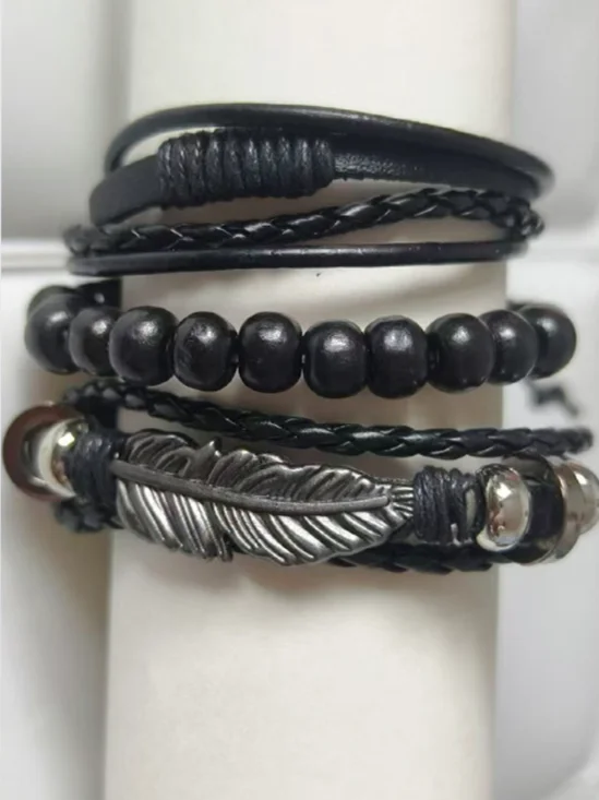 Retro Street Cowboy Leather Bracelet Niche Korean Trend Multi-layer Bodhi Wood Bracelet Adjustable Bracelet