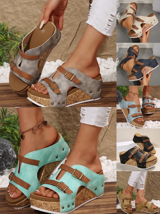 Pu Summer Western Style Color Block Slide Sandals