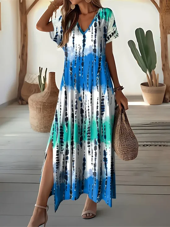 Women's Abstract Print Casual V-Neck Short Sleeve Slit Dress
