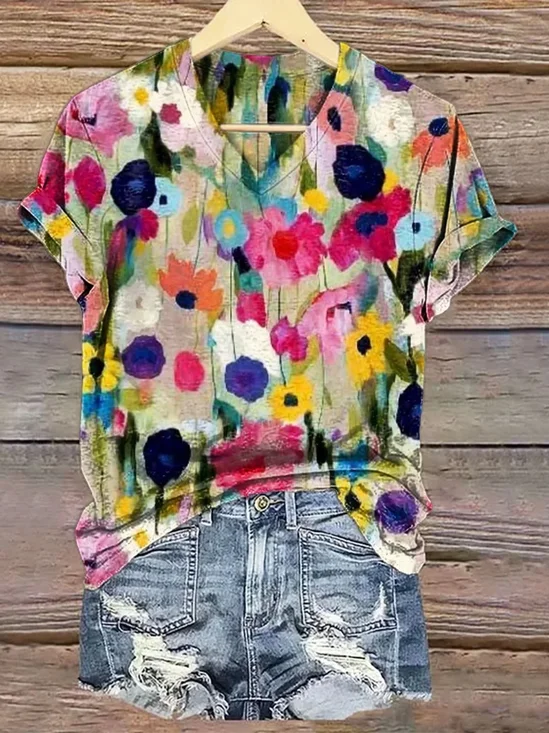 Casual V Neck Regular Fit Ethnic T-Shirt