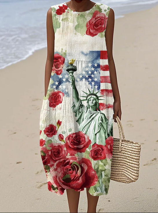 Crew Neck Casual Cotton Dress With No