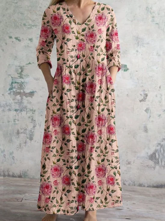 Floral V Neck Casual Jersey Dress