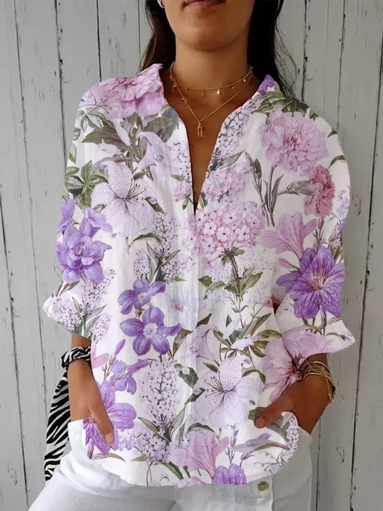 Shirt Collar Casual Botanical Pattern Shirt