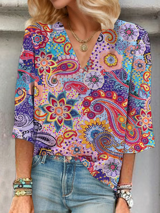 Women's Floral Paisley Print V-Neck Casual Blouse