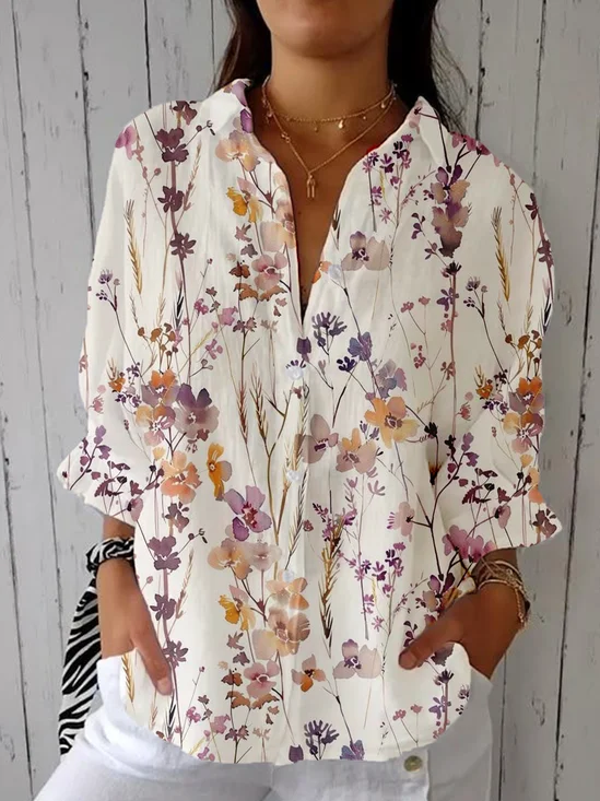 Botanical Pattern Casual Loose Shirt Collar Shirt