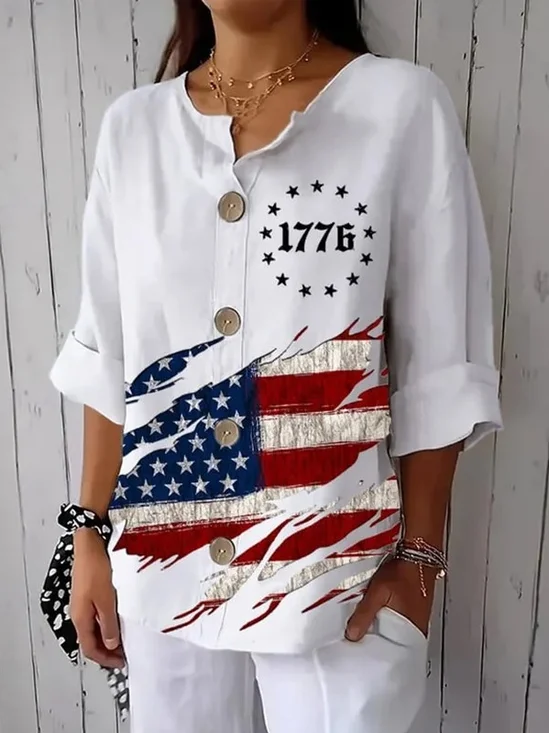 Women's Independence Day Flag Print Button Linen Blend Shirt